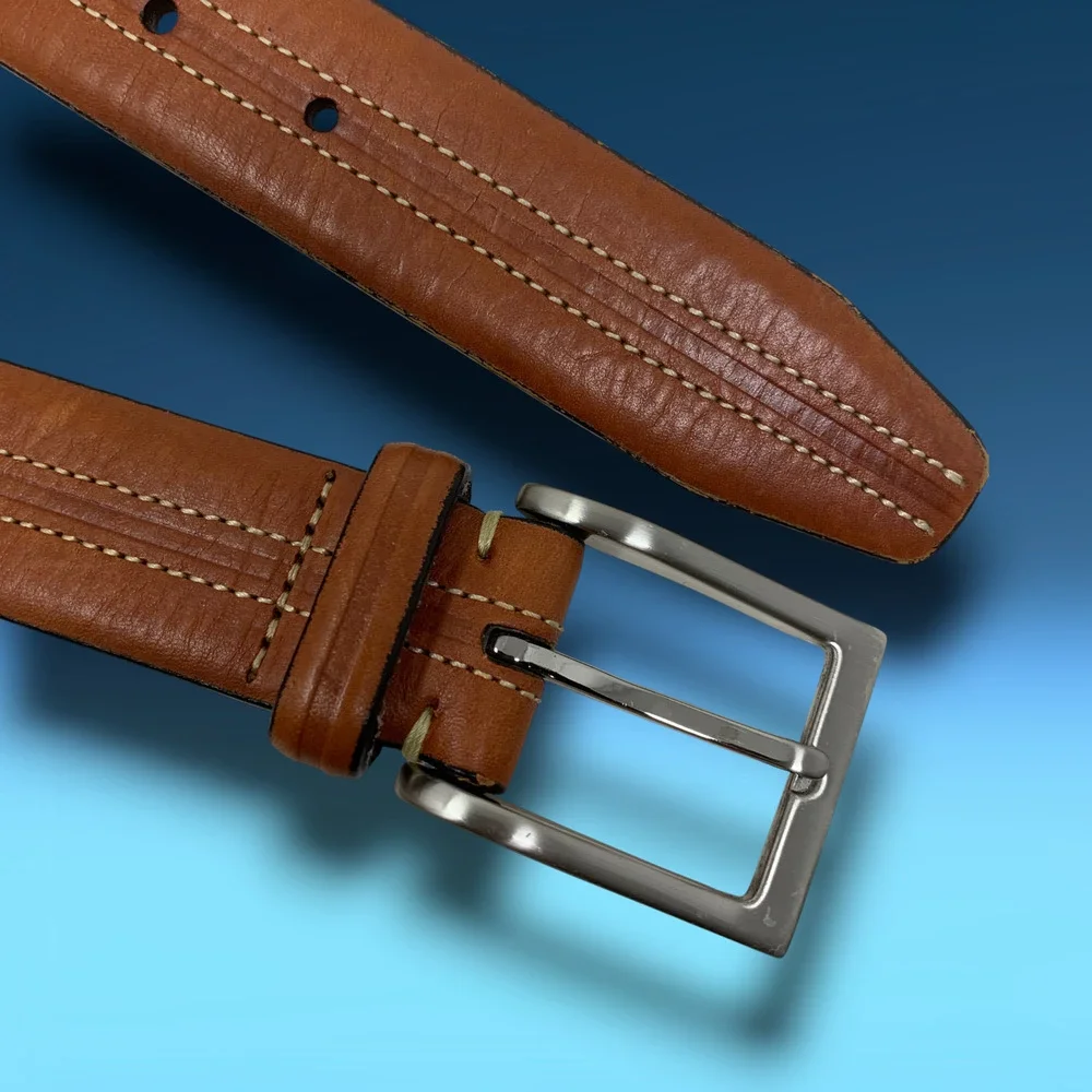 Vintage Y2K Tasso Elba Men's Sz 36 Brown Leather Dress Belt Double Topstitching
